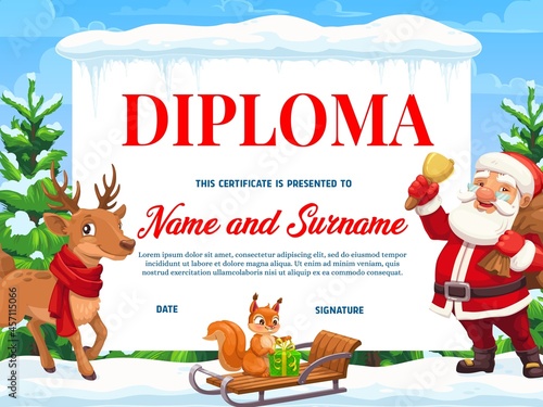 Diploma or certificate of education achievement vector template with Christmas gifts, Santa and reindeer. School graduation, appreciation award, educational competition honor gift, Xmas characters photo