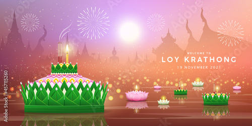Loy krathong festival at moon night thailand background banner, eps10 vector illustration photo