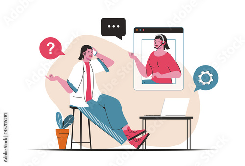Customer service concept isolated. Tech support, call center hotline consultations. People scene in flat cartoon design. Vector illustration for blogging, website, mobile app, promotional materials.