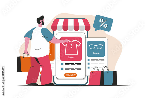 Mobile commerce concept isolated. Online shopping, payment in mobile application. People scene in flat cartoon design. Vector illustration for blogging, website, mobile app, promotional materials.
