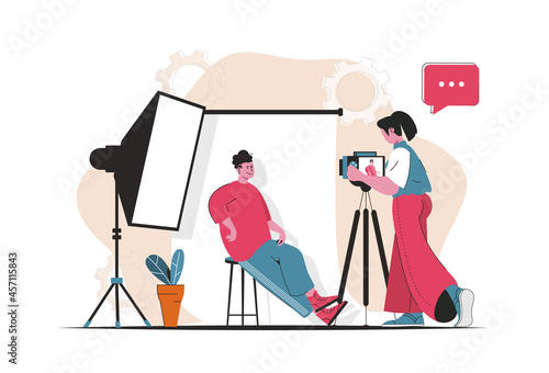 Photo studio concept isolated. Photographer makes photo session for posing man model. People scene in flat cartoon design. Vector illustration for blogging, website, mobile app, promotional materials.