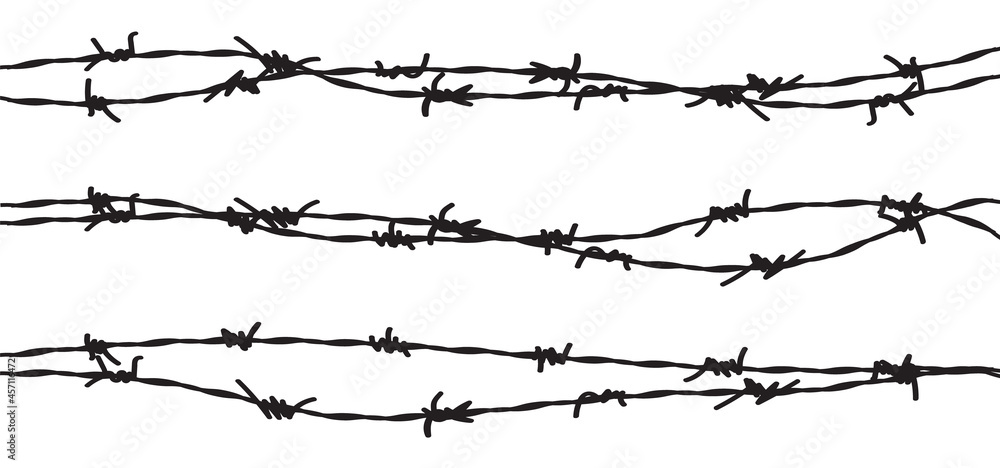 Barbed wire vector fence barbwire border chain. Prison line war barb background metal silhouette - obrazy, fototapety, plakaty 