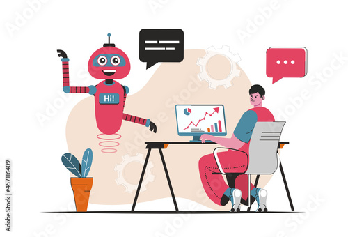 Virtual assistant concept isolated. Customer support by bots robots at online chats. People scene in flat cartoon design. Vector illustration for blogging, website, mobile app, promotional materials.