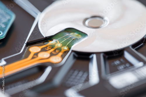Hard disk drive hdd, internal electronic details, macro close-up, selective focus