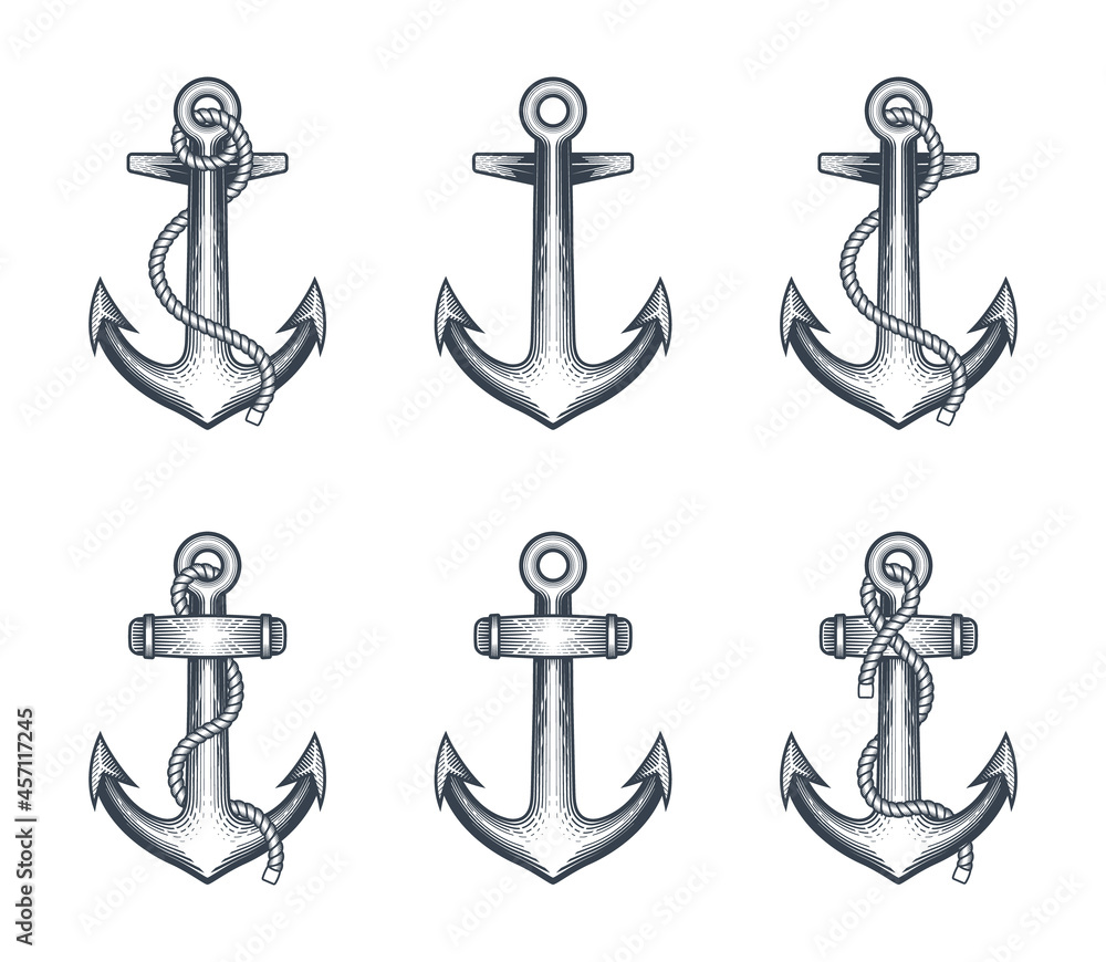 Anchors clip-art collection set. Vector illustration of classic retro