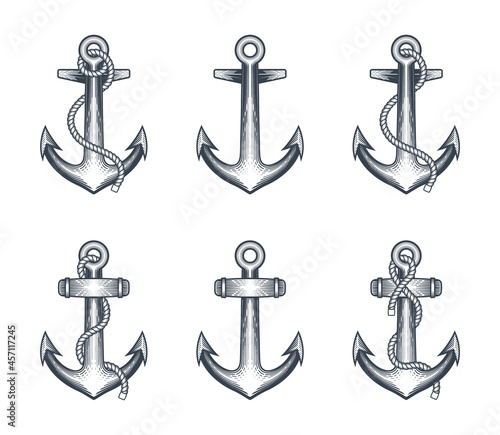 Anchors clip-art collection set. Vector illustration of classic retro nautical anchor in engraving technique.