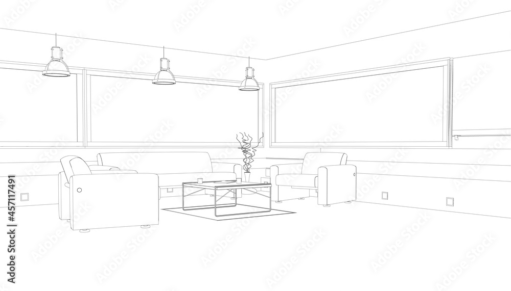 Interior outline with armchairs, sofa and table. Guest room for relaxation. Vector illustration