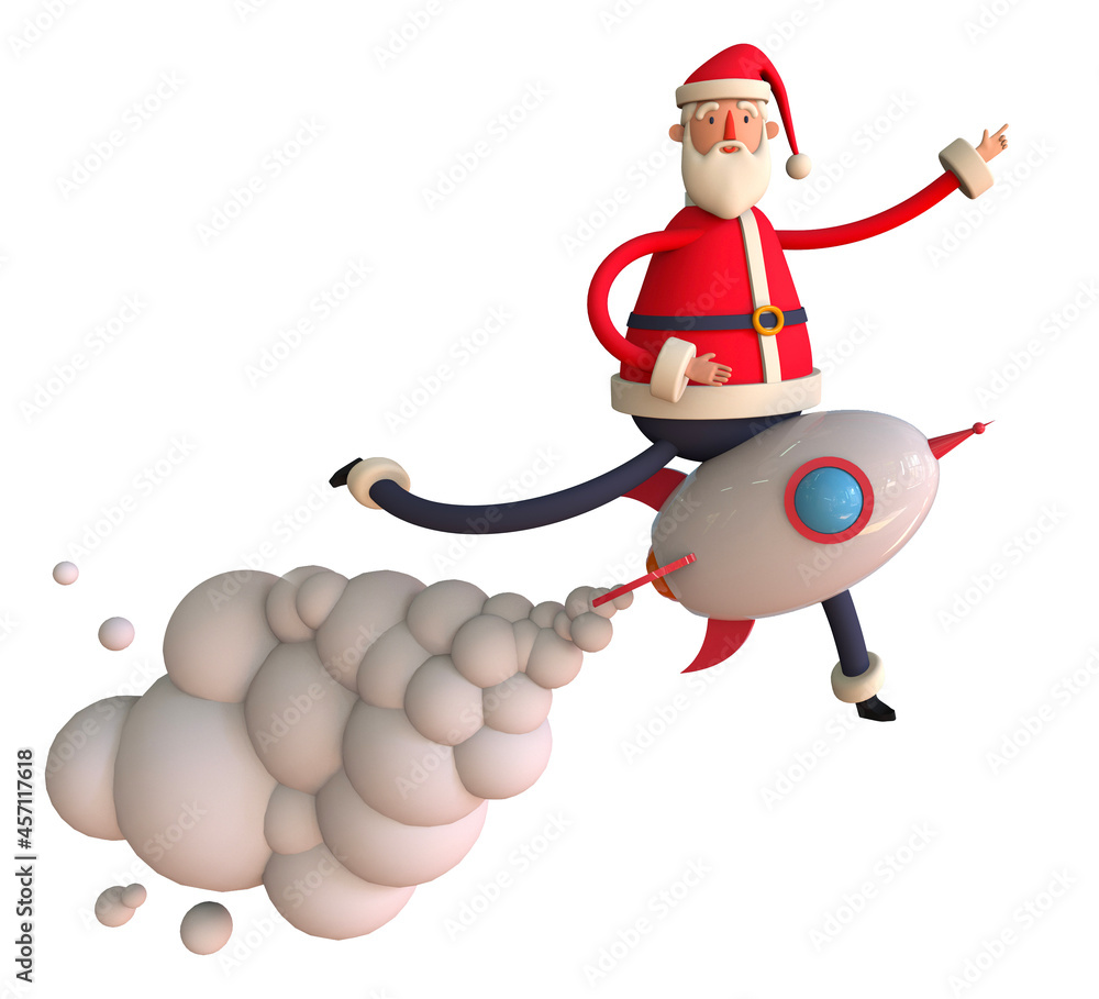 Santa Claus is flying on a rocket. New Year Startup Concept. Christmas cartoon card Trendy 3d illustration Santa Claus is flying on a rocket. New Year Startup Concept. Christmas cartoon card Trendy 3d illustration
