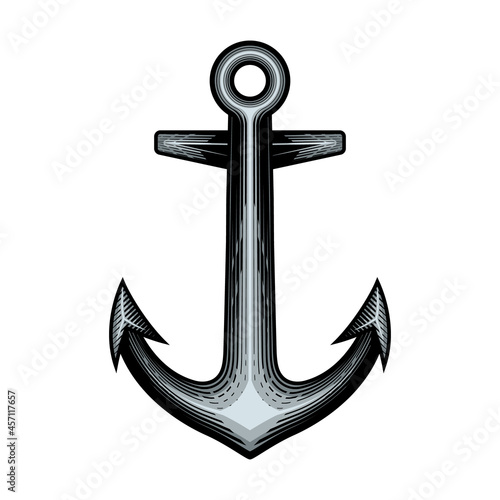 Ship Anchor. Vector illustration of classic retro nautical anchor in engraving technique.