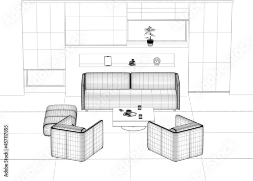 Interior outline with armchairs, sofa, table and TV. Wireframe of the guest room for relaxation. 3D. Vector illustration