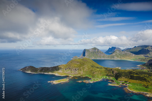 Amazing Panorama of fjord, white sand beaches and mountains on the Lofoten Islands, Norway