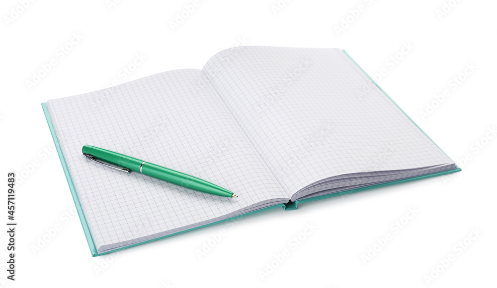 Open notebook with blank sheets and pen isolated on white Open notebook with blank sheets and pen isolated on white