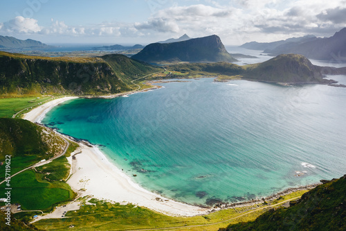 Amazing Panorama of fjord, white sand beaches and mountains on the Lofoten Islands, Norway