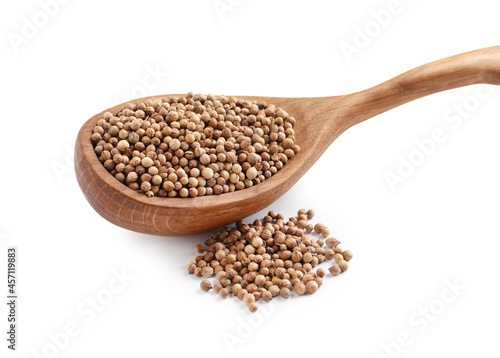 Dried coriander seeds with wooden spoon on white background