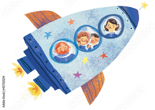 Family in the rocket space illustration