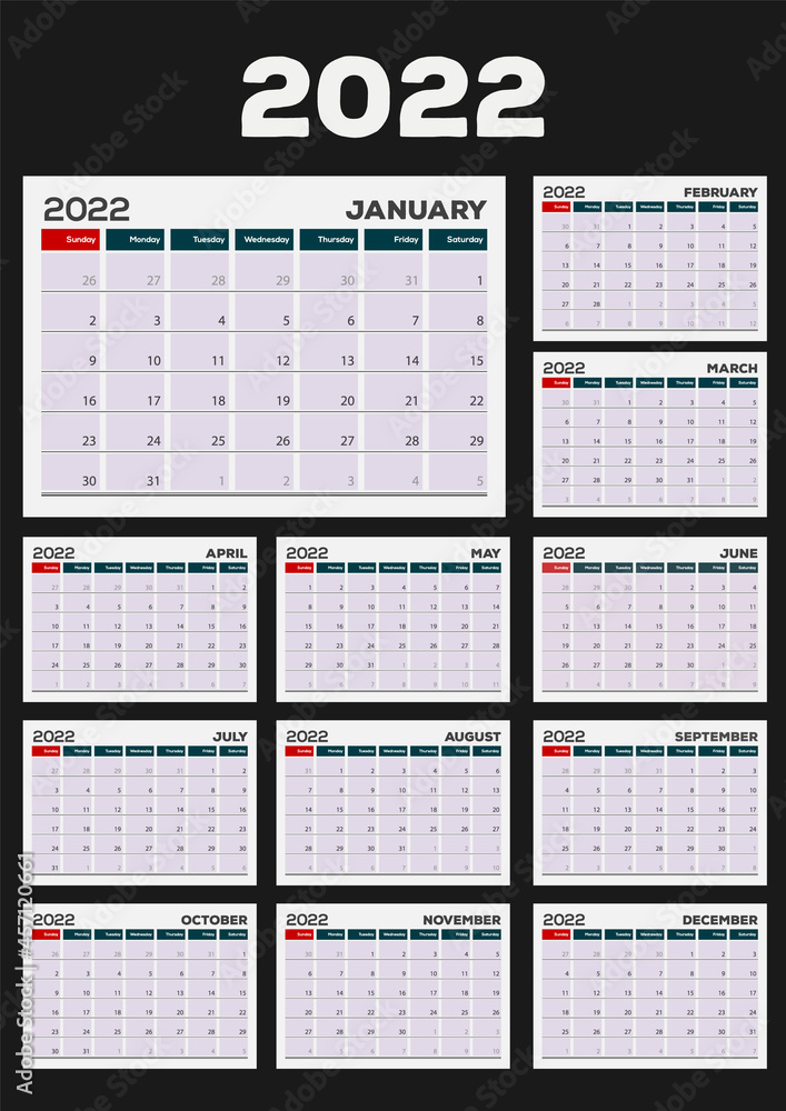 2022 Year Calendar Planner Design Template Week Starts On Sunday Stock