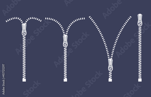 Open zipper teeth metal fastener isolated illustration. Unzip sewing black lock plastic zip buckle