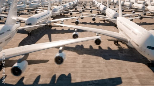 Newly manufactured commercial airplanes parked at an airfield ready for rebranding for customers. photo