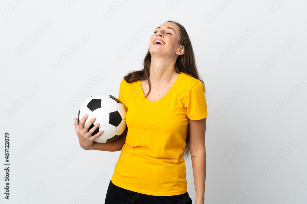 Young football player woman over isolated white background laughing Young football player woman over isolated white background laughing