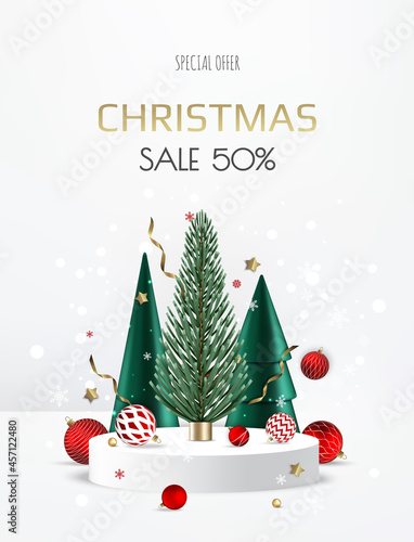 Realistic podium for winter and christmas design, sale. Greeting card, banner, poster, header for website
