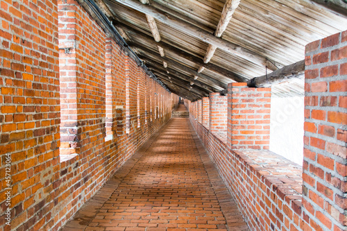 Nizhny Novgorod, Russia. March 10, 2019. The Novgorod Kremlin. Covered gallery on a brick fortress wall.