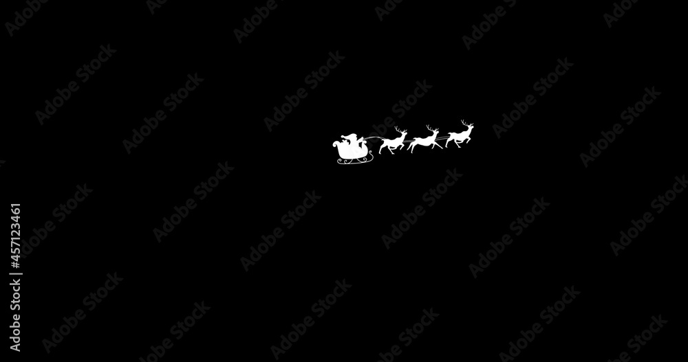 Digital image of silhouette of santa claus in sleigh being pulled by reindeers against black bac