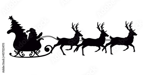 Digital image of black silhouette of santa claus and christmas tree in sleigh
