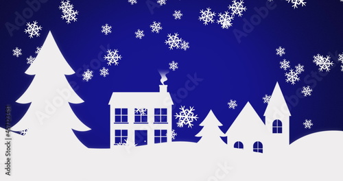 Digital image of snow flakes falling over winter landscape against blue background © vectorfusionart