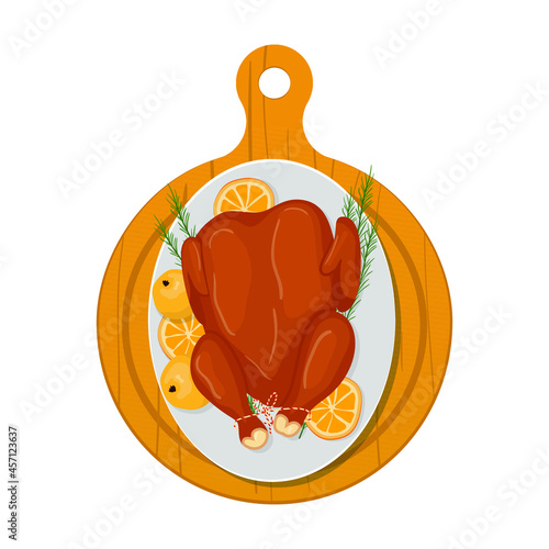 Roasted turkey isolated on white served on the plate. View from above. Vector illustration