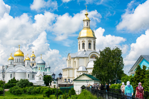 Diveevo, Russia. June 12, 2021. Orthodox church with golden domes with crosses. Christian temple.