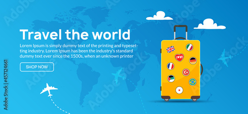 Travel tourism banner background. Luggage fun tour and bag, airplane travel design