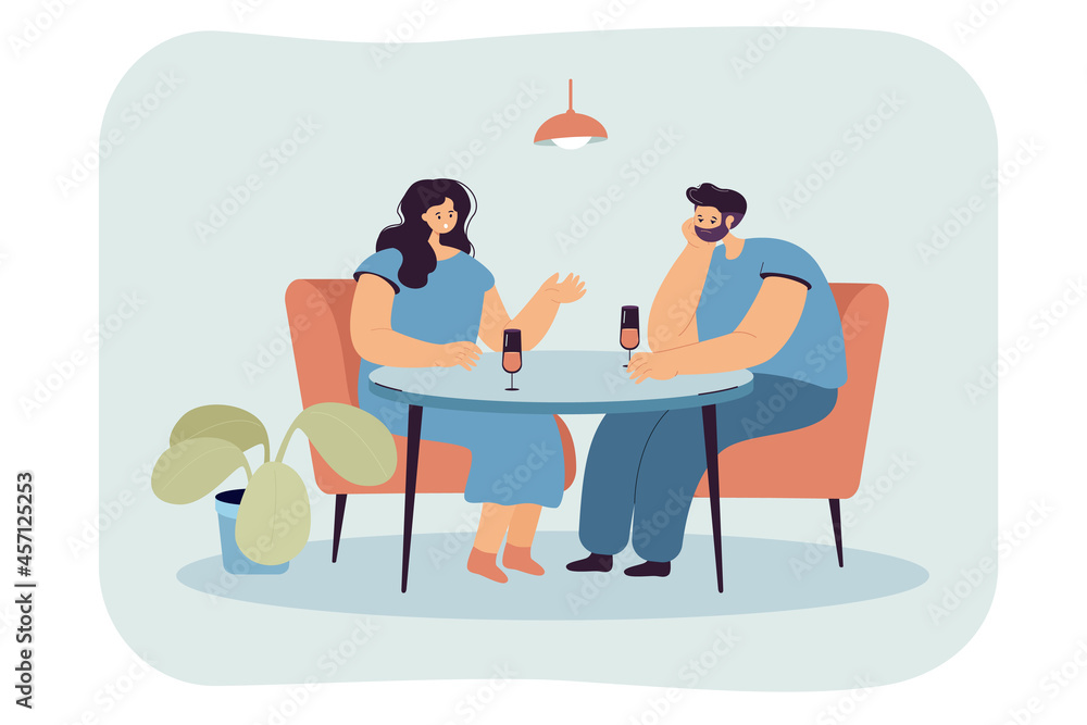 Fototapeta premium Cartoon husband ignoring wife while sitting at table drinking. Distant aloof lover showing indifference to woman flat vector illustration. Family, cool relationship, communication concept for banner