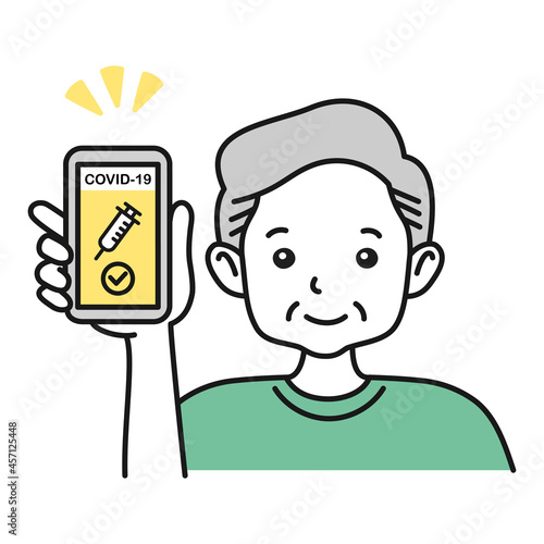 ワクチンパスポートを提示する年配の男性のイラスト
