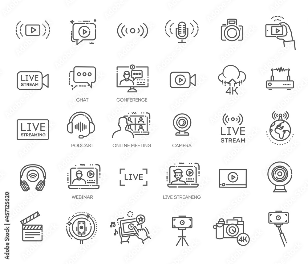Vector live streaming icons. Stream broadcast online meeting zoom Vector live streaming icons. Stream broadcast online meeting zoom