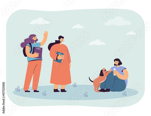 Cartoon girls greeting classmate playing with puppy. Kid meeting friends and having fun with dog flat vector illustration. Pets, friendship concept for banner, website design or landing web page