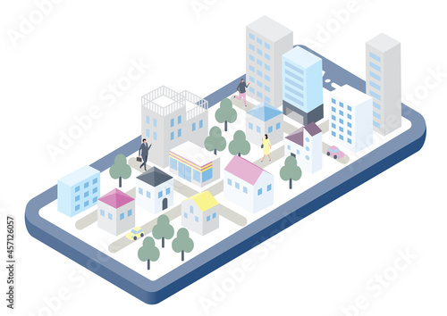 スマートフォン　オンラインの仮想の街イラスト