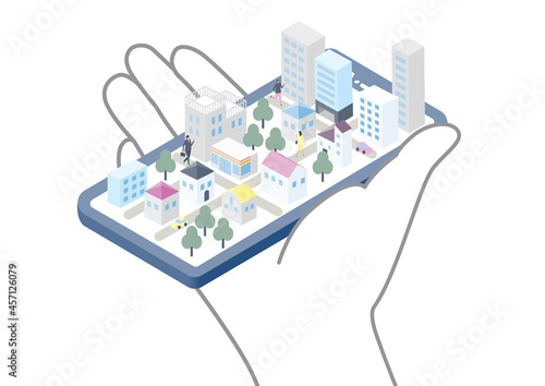 スマートフォン　オンラインの仮想の街イラスト