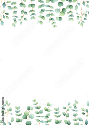 Watercolor eucalyptus wedding invitation frame isolated on white background. Greenery leaves greeting card template. 