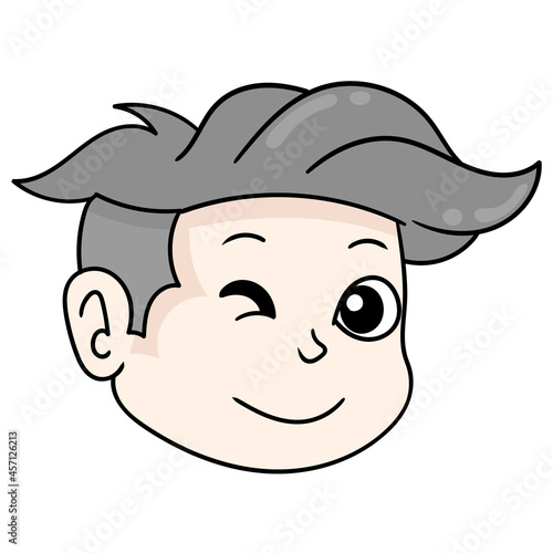 handsome boy head smiling wink, doodle icon drawing