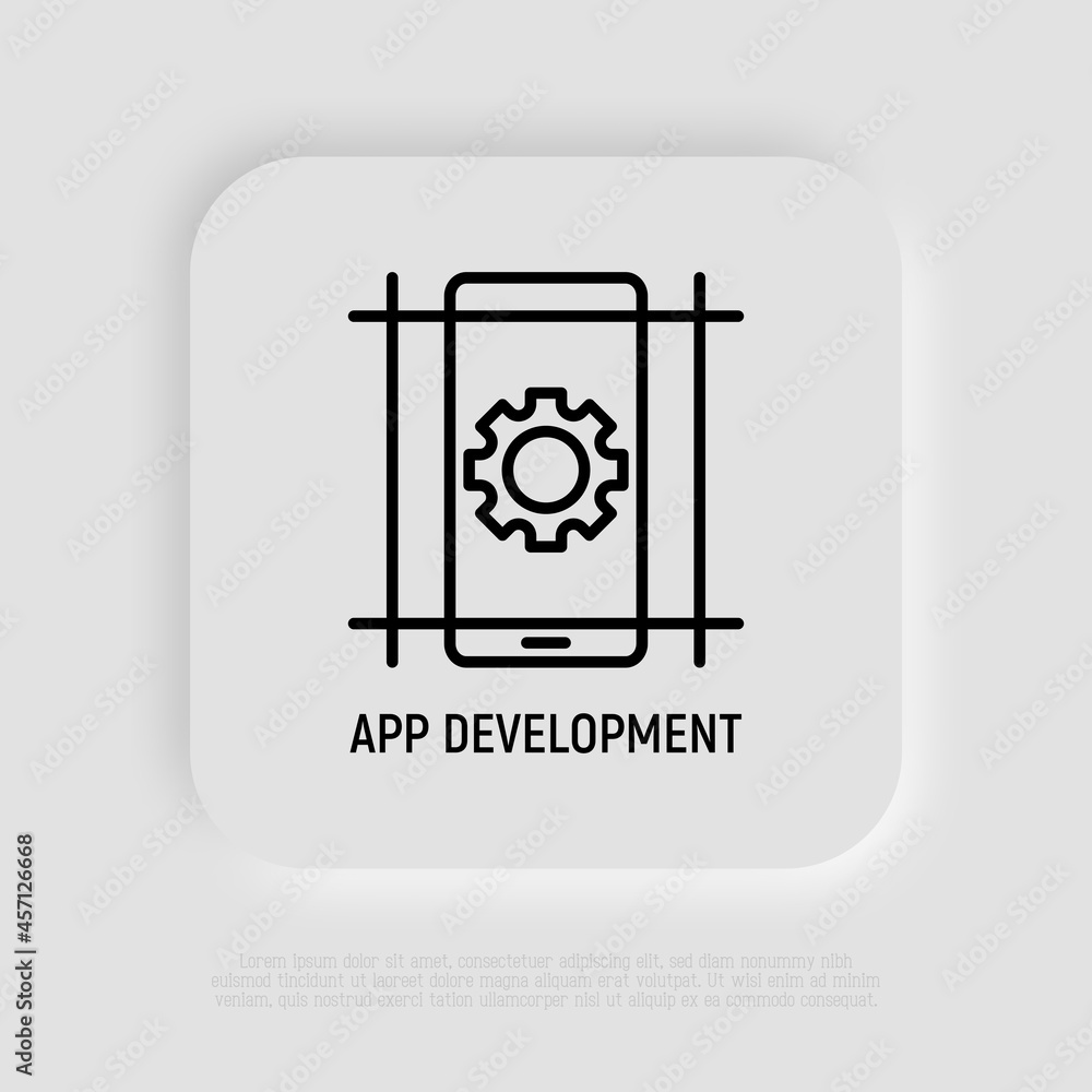 Mobile app development thin line icon. Cogwheel on smartphone screen. Vector illustration. Mobile app development thin line icon. Cogwheel on smartphone screen. Vector illustration.