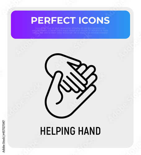 Helping hand, child hand in adult. Thin line icon. Modern vector illustration of adoption, charity or support.