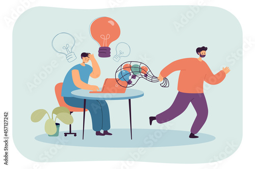 Thief stealing idea lightbulbs from content creator. Creative man working on laptop, pirate with bulbs in bag flat vector illustration. Plagiarism, theft, piracy, copyright infringement concept