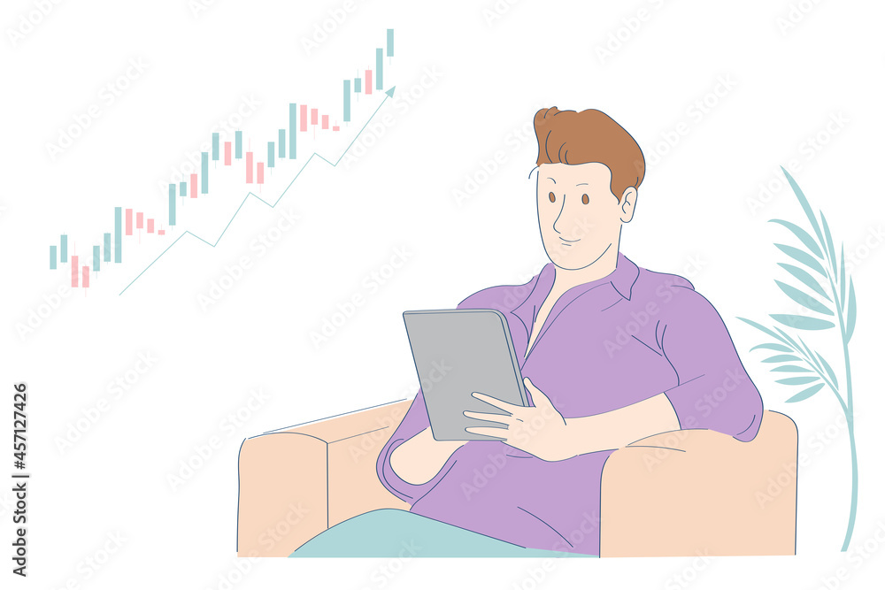 The investor sitting and plan strategy to earn profit in stock exchange market money management trader cartoon character flat vector illustration oin white background The investor sitting and plan strategy to earn profit in stock exchange market money management trader cartoon character flat vector illustration oin white background
