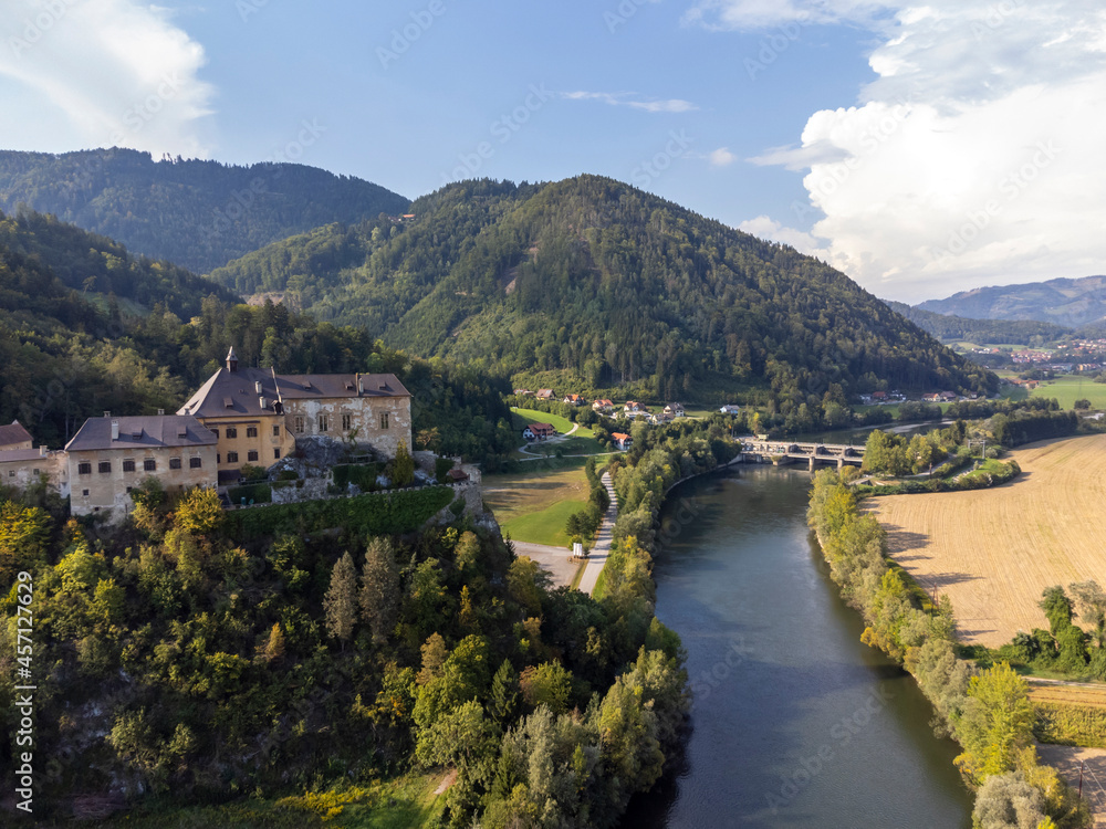 aerial view of castle Rabenstein near the village Frohnleiten in Styria, Austria