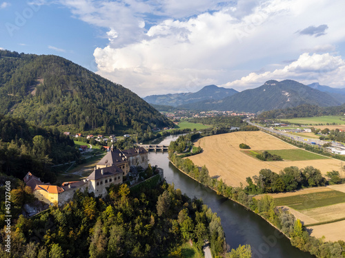 aerial view of castle Rabenstein near the village Frohnleiten in Styria, Austria