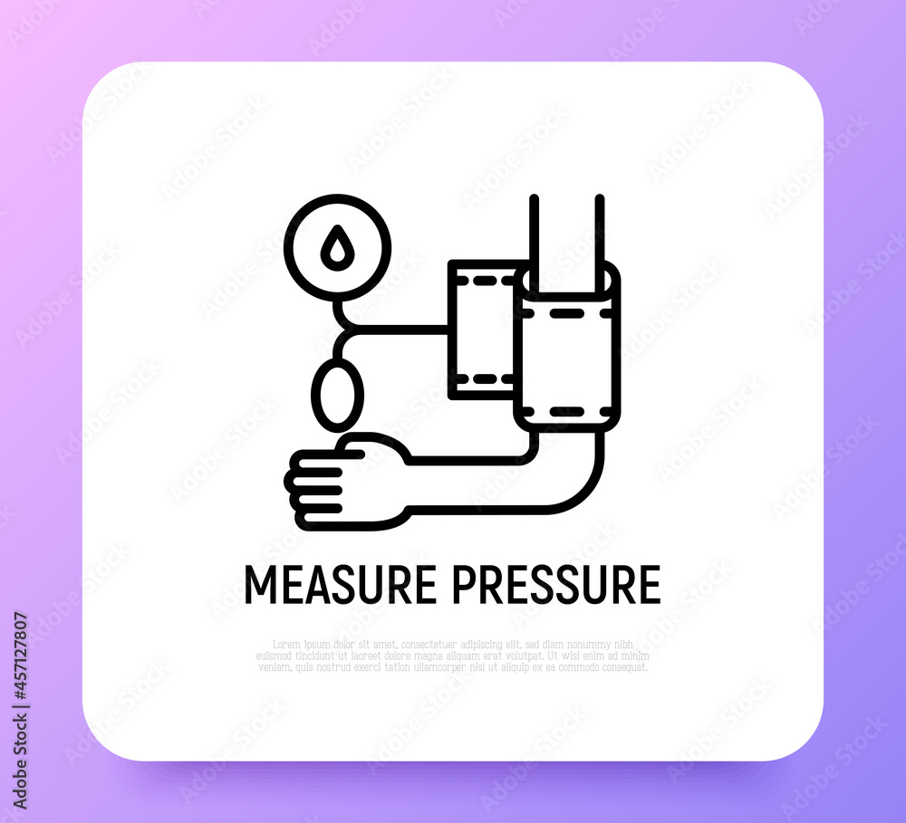 Measure pressure thin line icon, tonometer on hand. Modern vector illustration of medical procedure. Measure pressure thin line icon, tonometer on hand. Modern vector illustration of medical procedure.