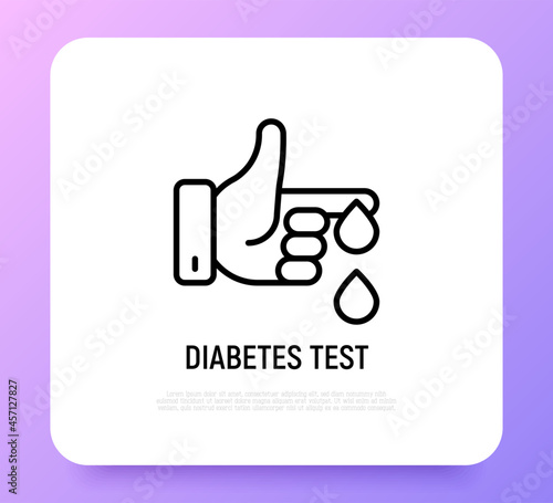 Diabetes test thin line icon, drop of blood from finger. Blood test. Modern vector illustration of laboratory research.