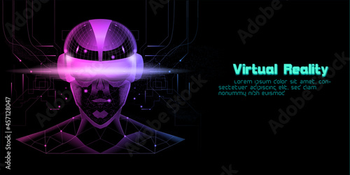 Silhouette polygon man wearing Virtual reality device (VR) Front view with digital text, cyberspace in abstract digital 3d world