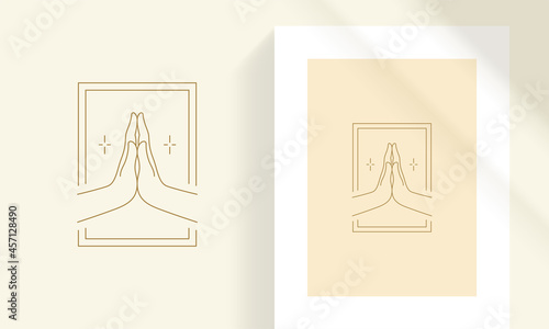 Female hands demonstrating praying gesture line art style vector illustration