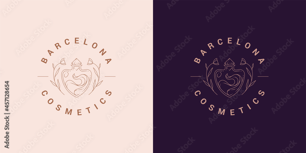 Flowers with bottle logo emblem design template vector illustration in minimal line art style Flowers with bottle logo emblem design template vector illustration in minimal line art style